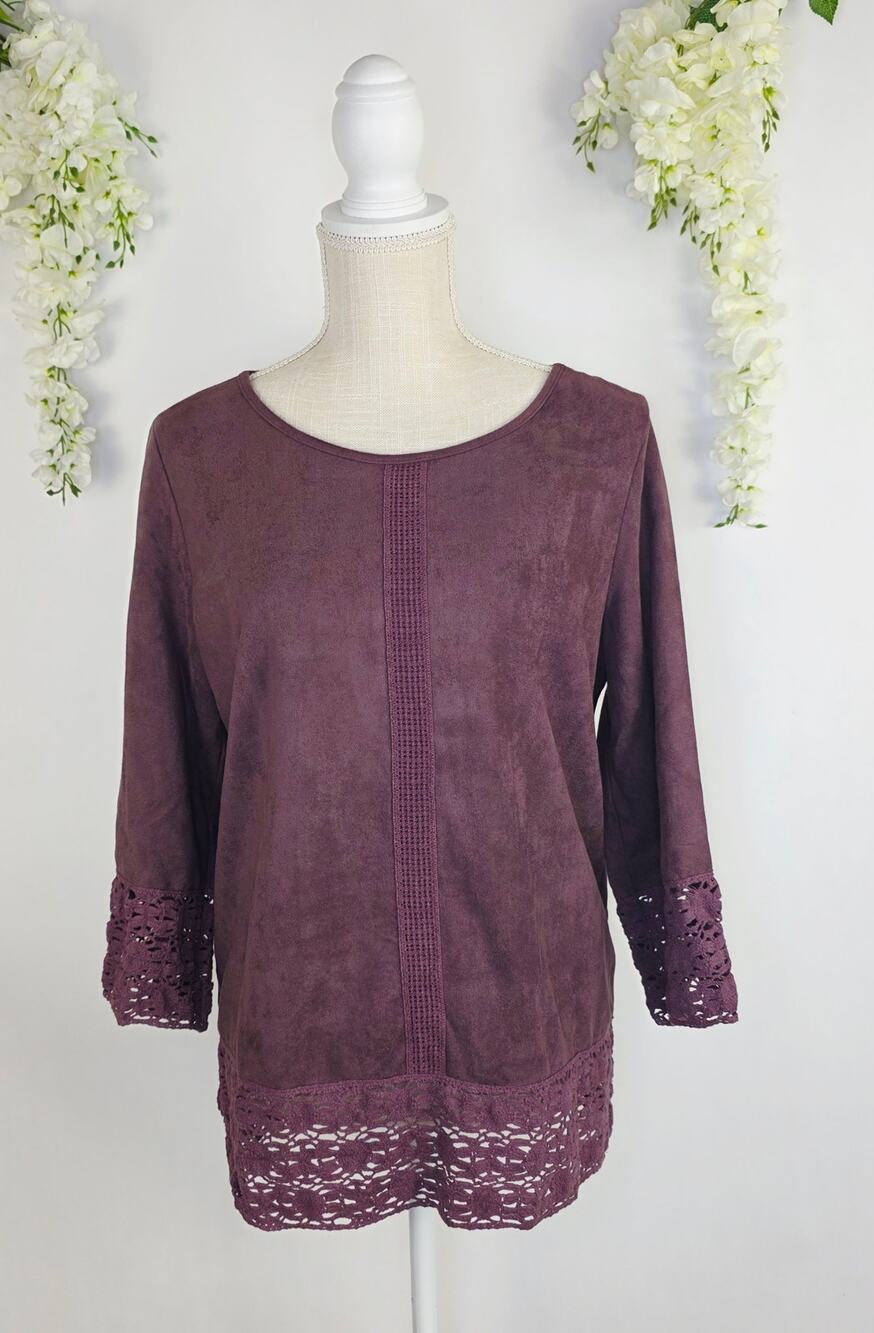 Soft Surroundings Suede Top Medium Plum Lace 3/4 Sleeve Boho Cottage Lagenlook